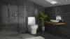 Black modern shower room with wood floating side and sink. 